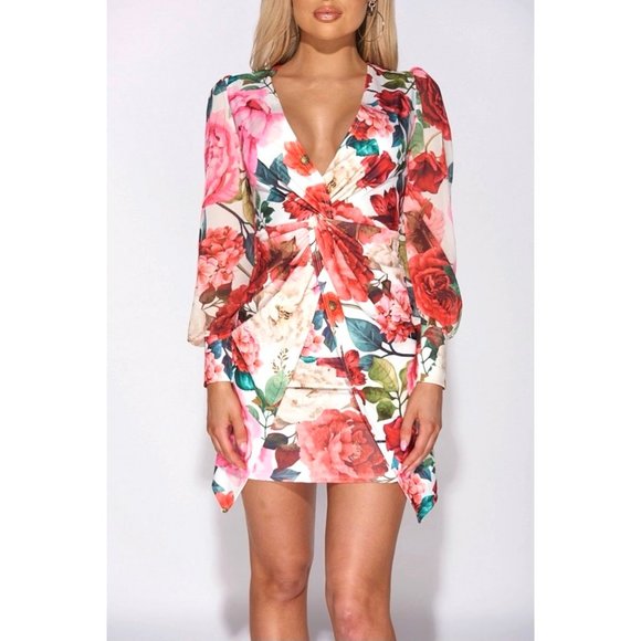 White Floral Print Long Sleeve V-Neck Bodycon Mini Dress - Picture 8 of 10